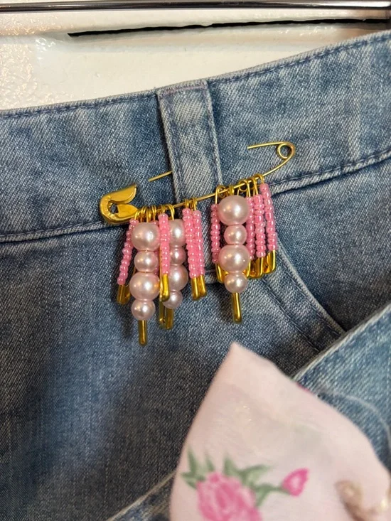 Upcycled Denim Mini Skirt Size 10 – Handmade Charm Details & Floral Bow🌸 - Picture 5 of 12